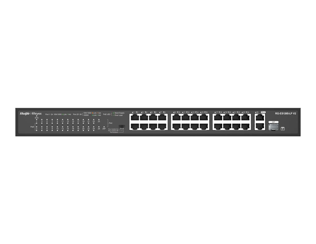 RG-ES126S-LP V2 - Ruijie 24-Port 10/100 Mbps with 2-Port Gigabit Rackmount PoE Switch