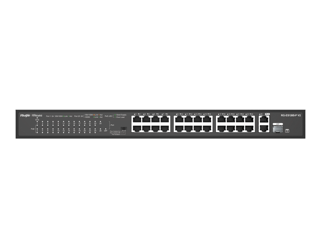 RG-ES126S-P V2 - Ruijie 24-Port 10/100 Mbps with 2-Port Gigabit Rackmount PoE Switch